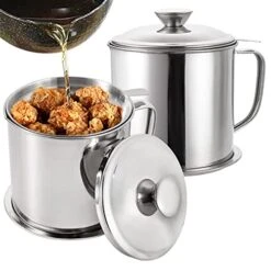 2 Pack Bacon Grease Container With Mesh Strainer,1.3L/5 Cups 304 Stainless Steel Oil Strainer Pot, Grease Storage Can With Removable Coaster Tray For Storing Fats & Frying Oils
