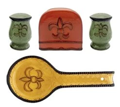 Uscany Colorful Hand Painted Fleur De Lis, 4pc Stove Top Set, Napkin,Salt, Pepper And Spoon Rest, 82025/28 By ACK