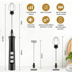 Ilk Frother Handheld Electric Foam Maker USB Rechargeable Coffee Frother With 2 Stainless Whisks, 3 Speed Adjustable Mini Blender For Coffee, Latte, Cappuccino, Egg Whisks, Hot Chocolate (Black)