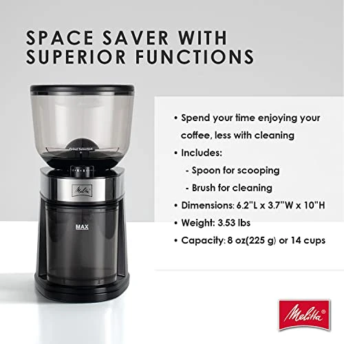 Melitta Molino Flat Burr Coffee Grinder | Whole Bean Grinder | Easy Clean & Assembly | Safety Lock Feature | Capacity: 8 Oz (225 G)/14 Cups 7 Melitta Molino Flat Burr Coffee Grinder | Whole Bean Grinder | Easy Clean & Assembly | Safety Lock Feature | Capacity: 8 Oz (225 G)/14 Cups - Image 5