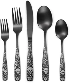 Pattern Matte Silverware Set For 8,40-Piece Square Goth Matte Black Flatware Set,Unique Pattern Design,Satin Finish Cutlery For 8,Halloween Skull Tableware Utensils For Kitchen Dishwasher Safe -KitchenAid Shop 41R ZYTUY8L. AC