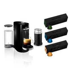 Nespresso VertuoPlus Deluxe Coffee And Espresso Maker Bundle With Aeroccino Milk Frother By De'Longhi, Black with Vertuoline Variety Pack Coffees Included