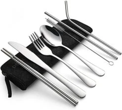 Portable Utensils, Travel Camping Cutlery Set, 8-Piece Including Knife Fork Spoon Chopsticks Cleaning Brush Straws Portable Case, Stainless Steel Flatware Set (Silver) -KitchenAid Shop 41RPNuuuu7L. AC