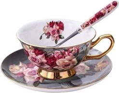 Euro Style Bone China Cup& Saucer Set, Ceramic Tea Coffee Cup For Home Kitchen Wedding (Retro Flower Pattern- Dark Blue) -KitchenAid Shop 41RoIAPV7eL. AC