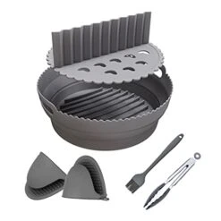 VeranCo Air Fryer Silicone Liner Pot - Reusable Silicone Air Fryer Basket Liners-Collapsible Round Silicone Air Fryer Tray With Divider Insert, Gloves, Tongs And Oil Brush - 5 QT Or Bigger