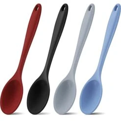 4 Pieces Large Silicone Mixing Spoon Heat Resistant Silicone Basting Spoon Utensil Spoon Non Stick Serving Spoon For Mixing, Baking, Serving (Red, Black, Blue, Gray)