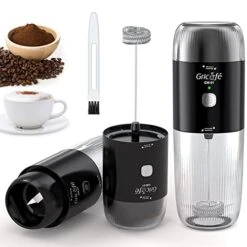 Milk Frother With Coffee Grinder, 2-in-1 USB Rechargeable Double Whisk Foam Maker Electric Milk Frother +Espresso Coffee Bean Grinder Electric Blade Grinders For Coffee, Espresso, Latte