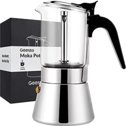 EESTA Premium Crystal Glass-Top Stovetop Espresso Moka Pot - 4 / 6/ 9 Cups - Stainless Steel Coffee Maker- 160ml/5.6oz/4 Cup (esHimpresso Cup=40ml)- Valentines Day Gifts