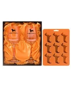 Dachshund Gifts Set With 2 Dachshund Wine Glasses And Weenie Dog Ice Cube Tray, Perfect For The Weiner Dog Lover - Gift Box (Black)