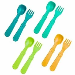 E-PLAY Made In USA 8pk Toddler Feeding Utensils Spoon And Fork Set | Made From BPA Free Eco Friendly Recycled Milk Jugs - Virtually Indestructible | Dishwasher Safe | Aqua Asst | Without Case