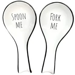 AKOA 2 Pack Spoon Rest For Stove Top - Fork Me Spoon Me - Kitchen Spoon Holder For Kitchen Counter - Ceramic Ladle Holder - White Utensil Rest For Countertop - Cute Funny Farmhouse Spatula Holder