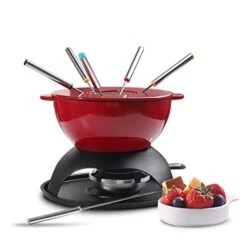 Artestia 11-Piece Cast Iron Fondue Set With Adjustable Burner 6 Colored Forks, 5-Cup Red Cheese Fondue Pot, Perfect For Chocolate, Caramel, Meat, 4-6 Person