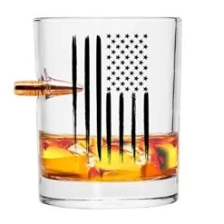 Real Projectile American Flag Whiskey Rocks Glass – Hand Blown Glasses – 8 Oz Old Fashioned Glass For Scotch, Bourbon Or Whiskey – .308 Bullet Whiskey Glass