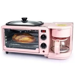 3 In 1 Breakfast Maker Station Toaster Oven With 30-Min Timer, Heat Selector Mode, 4-Cup Coffeemaker, Griddle, Toaster Oven, Pink