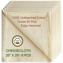 6 Pack 20”X20” Cheesecloth For Straining, Grade 90 Plus, Edge Hemmed, 100% Unbleached Cotton Cloth Reusable, Strainer For Cheese, Yogurt, Almond/Oat/Soy Nut Milk, Juice, Coffee, Herbs, Stuffing Turkey