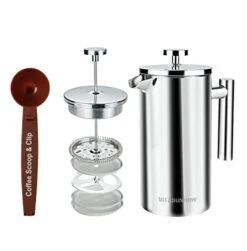 Vitasunhow Insulated French Press Coffee Maker Stainless Steel Double-Wall Metal 3 Level Filtration System, Rust-Free Dishwasher Safe