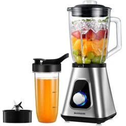 1200W Countertop Blender And Personal Blender Combo For Shake And Smoothies, 52oz Glass Jar, 22oz Travel Cup + 3 Adjustable Speed Control For Frozen Fruit Drinks, Smoothies, Sauces, Sliver