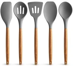 Utensils Set - Non-Stick Silicone Cooking Utensils Set With Authentic Acacia Wood Handles - 5 Piece Silicone Utensil Set - Silicone Kitchen Utensils Set (Gray)