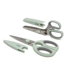 Utility Kitchen Shear And 5-Blade Herb Shear Set, Premium Stainless Steel Blades With Protective Guards, Comfort Grip Handles, Built-in Herb Shear Cleaning Comb, 2-Piece Set, Sage Green