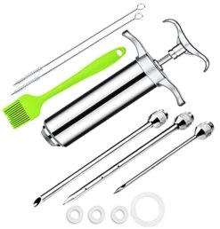 Meat Injector Syringe,Stainless Steel Injector Gun Kit With Case,2-Oz Marinade For Smoking,With 3 Professional Needles 2 Cleaning Brushes And 4 Silicone O-Rings,1Cleaning Silicone Brush (silver)