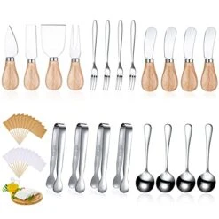 Charcuterie Board Accessories Spreader Knife Set Cheese Butter Spreader Knife Charcuterie Utensils With Wooden Handles Mini Serving Tongs Spoons Forks For Party Wedding Christmas (Silver, 20 Pieces)