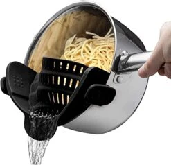 Clip On Strainer For Pots Pan Pasta Strainer, Silicone Food Strainer Hands-Free Pan Strainer, Clip-on Kitchen Food Strainer For Spaghetti, Pasta, Ground Beef Fits All Bowls And Pots - Black