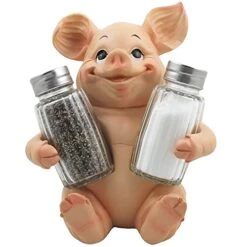 Decorative Pig Glass Salt And Pepper Shaker Set With Holder Stand In Farm Animal Figurines, Sculptures & Statues Or Rustic Country Kitchen Decor And Restaurant Table Spice Rack Decorations As Gifts For Farmers
