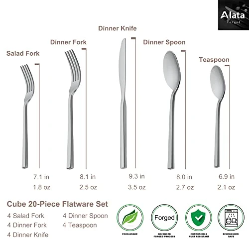 Cube 20-Piece Forged Silverware Set Stainless Steel Flatware Set,Service For 4,Matte Satin Polished Cutlery Set,Dishwasher Safe 5 Cube 20-Piece Forged Silverware Set Stainless Steel Flatware Set,Service For 4,Matte Satin Polished Cutlery Set,Dishwasher Safe - Image 3