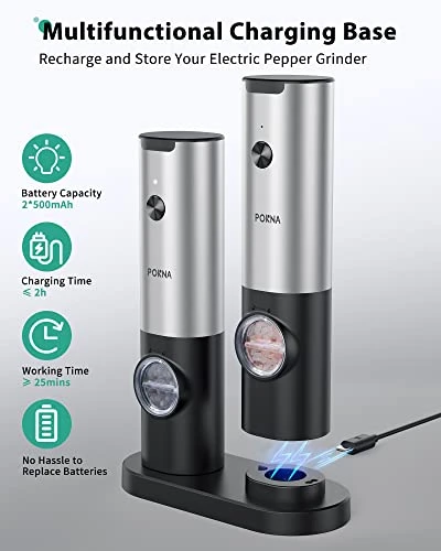 Electric Salt And Pepper Grinder Set, USB Rechargeable Salt & Pepper Mill With Double Charging Base, Refillable Spice Automatic Mill Shakers Set With Adjustable Coarseness & LED Light 5 Electric Salt And Pepper Grinder Set, USB Rechargeable Salt & Pepper Mill With Double Charging Base, Refillable Spice Automatic Mill Shakers Set With Adjustable Coarseness & LED Light - Image 3