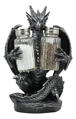 Ebros "Blackened Spice" Medieval Gothic Dragon Salt And Pepper Shakers Set Holder Statue 7.75"Tall Legend Of The Swords Fantasy Scorch Fire Dragon Figurine