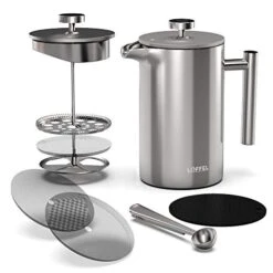 French Press Coffee Maker | Tea Press And Coffee Press Stainless Steel | 3 Layer Filtration System | Includes Silicone Mat, Coffee Scoop/Clip, Extra Filters | 34 Ounce (1 Liter) | Satin Finish