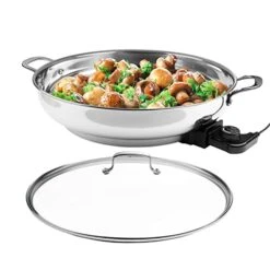 Electric Skillet By Cucina Pro - 18/10 Stainless Steel Frying Pan With Tempered Glass Lid And Handle, 16" Round With Adjustable Temperature Control Probe, Portable, Includes Recipe Guide, Great Gift -KitchenAid Shop 41XrD5h3odL