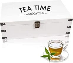 Zen Earth Inspired White Wooden Tea Bag Organizer 14" Kitchen Storage Chest - Large, Tall, Adjustable Shelves | Decorative Chest To Organize And Display Teas | 100% Handmade Craft