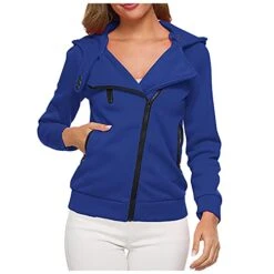 VODMXYGG Coats Women Casual Loose Solid Color Oblique-Zipper Long-Sleeved Warm Hoodie Add Buttons Pocket Plus Sweater