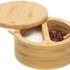 Bamboo Salt And Pepper Bowl Box - 2 Compartments Container Salt Cellar Storage - Built-in Mini Spoon For Salt & Pepper Keeper - Swivel Lid With Magnet To Keep Dry