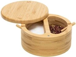 Bamboo Salt And Pepper Bowl Box - 2 Compartments Container Salt Cellar Storage - Built-in Mini Spoon For Salt & Pepper Keeper - Swivel Lid With Magnet To Keep Dry