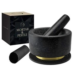 Mortar And Pestle Set 100% Natural Heavy Granite 5.5 Inch 2 Cups Capacity - Solid Stone Grinder Pestle And Mortar Bowl - With Silicone Garlic Peeler And Mat - Guacamole Mortar & Pestles Set Large