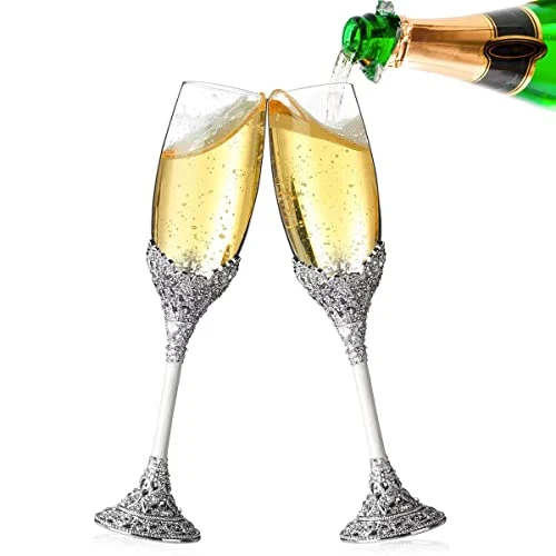 Silver Champagne Flutes - Crystal Glasses Metal Base With Crystal Stones, Set Of 2 Toasting Flute Pair, Wedding Anniversary Party Birthday Banquets, Gifts For Bride And Groom7oz… 8 Silver Champagne Flutes - Crystal Glasses Metal Base With Crystal Stones, Set Of 2 Toasting Flute Pair, Wedding Anniversary Party Birthday Banquets, Gifts For Bride And Groom7oz… - Image 6