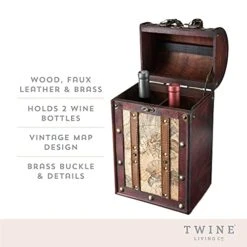 Old World 2 Wooden Bottle Decorative Storage Lid And Handle, Wine Accessory Sets, Wood, Faux Leather In Antique Map Design Liquor Gift Box, Set Of 1, Multicolor