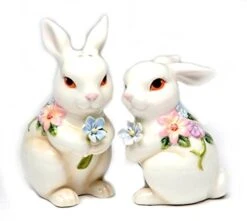 White Bunny Rabbits With Flowers Ceramic Easter Salt And Pepper Shakers 10443