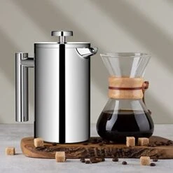 Small French Press Coffee Maker, Double-Wall Insulated French Press Coffee Press Stainless Steel, Included 2 Extra Fliters And 1 Coffee Spoon (650ML, 22 OZ)