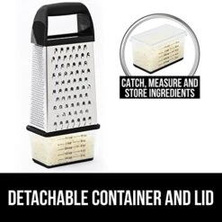 Stainless Steel Box Grater, 4-Sided XL Cheese And Spice Graters With Handle, Slice, Shred, Grate Vegetables, Ginger, Potatoes, Handheld Food Shredder, Zester, Includes Container, Black -KitchenAid Shop 41aauaUUsVL