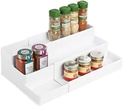 MDesign Plastic Adjustable, Expandable 3-Tier Kitchen Cabinet, Pantry, Shelf Organizer/Spice Rack - Storage For Spices, Jars, Seasoning, Baking Supplies, Ligne Collection - White -KitchenAid Shop 41bCRFOPAyL. AC