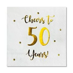 Cheers To 50 Years Cocktail Napkins | Happy 50th Birthday Decorations For Men And Women And Wedding Anniversary Party Decorations | 50-Pack 3-Ply Napkins | 5 X 5 Inch Folded (White)