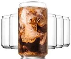 Iced Coffee Drinking Glasses Set Of 6-16 Oz Glass Cups, European Quality Coffee Mug, Gifts For Women, Cocktail Glasses, Can Glass For Beer, Dishwasher Safe Coffee Accessories, Glass Tumbler