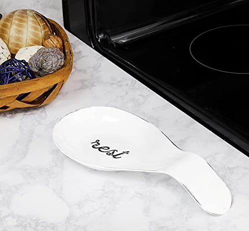 Farmhouse White Spoon Rest, Distressed Enamel Ceramic Spoon Holder In Rustic Style 6 Farmhouse White Spoon Rest, Distressed Enamel Ceramic Spoon Holder In Rustic Style - Image 4