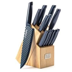 Sharp Stone Nonstick Stainless Steel Cutlery, 14 Piece Wood Knife Block Set With Chef Steak Knives And More, Diamond Texture Blade, Dishwasher Safe Knives, Blue