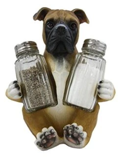 Realistic Fawn Boxer Puppy Dog Hugging Glass Salt Pepper Shakers Holder Decorative Statue 6.25"High Resin Dogs Boxers Memorial Pets Pet Pal Animal Home Kitchen Spice Organizer Figurine