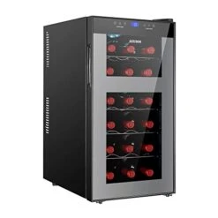 Wine Fridge Dual Zone,18 Bottles Wine Cooler Refrigerator Chiller Upper Zone 46f-54f Lower Zone 54f-65f For Red White Wine Champagne In Home Office Bedroom Countertop （18 Bottles,Black