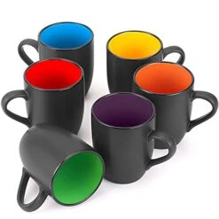 6 Pack Coffee Mug Set, 16 Ounce Ceramic Coffee Cups, Black Large Coffee Mugs, Restaurant Coffee Cups For Coffee, Tea, Cappuccino, Cocoa, Cereal, Matte Black Outside And Colorful Inside